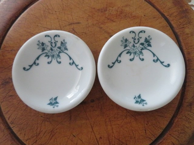 2 Vintage WHITE  Ironstone BUTTER PATS Thick Chunky Fat with Unique Green Design