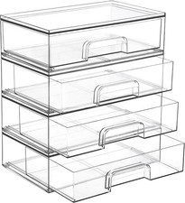 Clear Stackable Storage Drawers 4 Pack Wide Plastic Organizers Clear Pull-Out