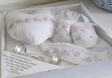 Baby Girl Gift Set NEW in Box Bib, Booties, Heart musical Pillow  Silver Rattle