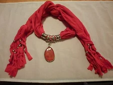 J Francis Red Knit Scarf (64x18 inches) with Red Agate Charm-75.00 Carats