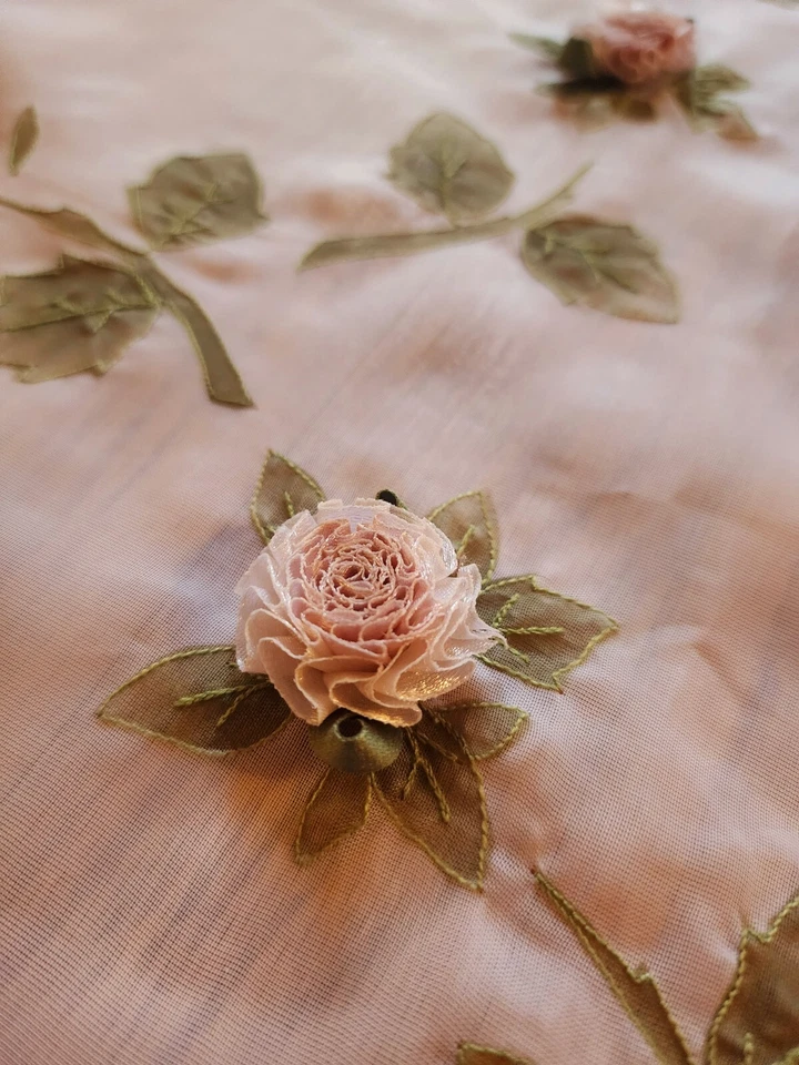 Vintage Tablecloth 44" - Sheer with 3d Roses, Applique, & Satin Edging - Image 2 of 4