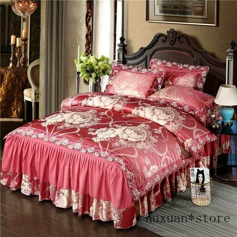 2020 Satin Jacquard Red Lace Golden Luxury Bedding Set Queen King