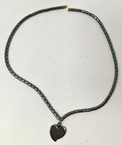 Hematite Metallic Gray Stone Barrel Beads Heart Pendant Single Strand Necklace - Picture 5 of 5