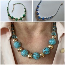 Collana donna leggera con sfere vetro simile Murano turchese/blu/verde sabbiato