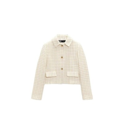 ジャケット・アウター ZARA SRPLS CROPPED BLAZER BEIGE S ZARA CROPPED BLAZER IN RIBBED FABRIC BROWN/WHITE SIZE M | 2703/570