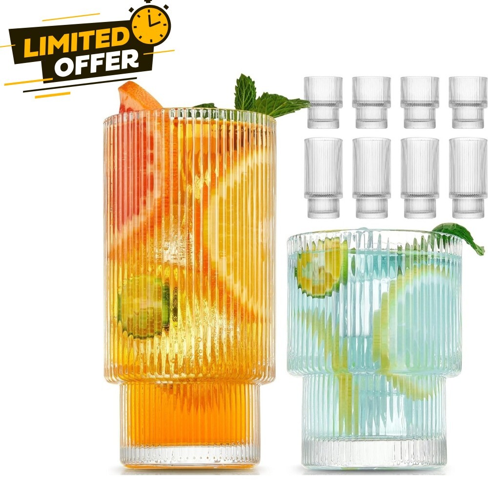 8 Pack Drinking Glasses, 4pcs Highball Glasses (11oz) & 4pcs Rocks Glasses...
