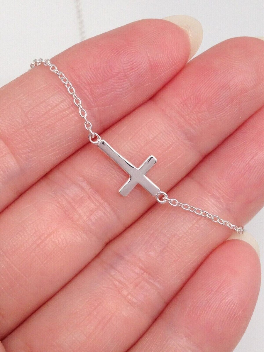 Silver Sideways Cross Necklace 925 Sterling Silver Tiny Pendant