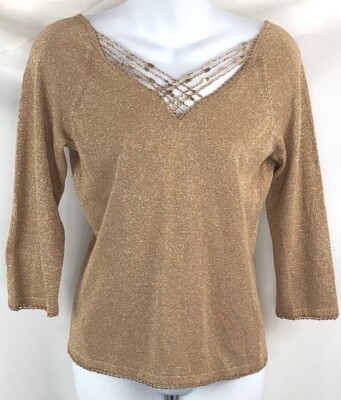 Vintage NY Co Knit Top S Gold Glitter Metallic CutOut Sequins Crochet Trim Y2K