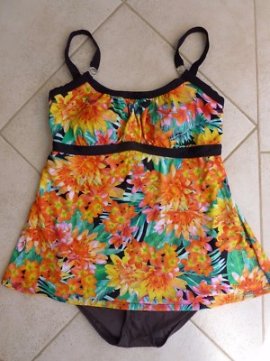 Jantzen Tankini AU 12 Floral Poolside Empire Singlet Top & Brown Hipster Pant 