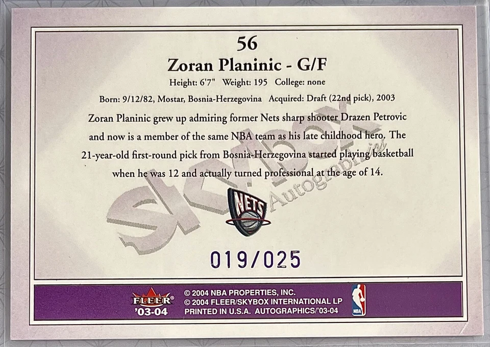 2003-04 Skybox Autographics Zoran Planinic Purple RC /25 #56 Mint - Image 2 of 2