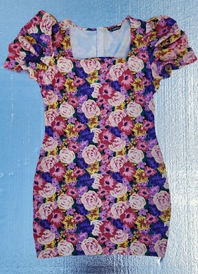 SHIEN FLORAL PUFFER BODYCON DRESS Size Large Pink Purple Flower Short Sleeve