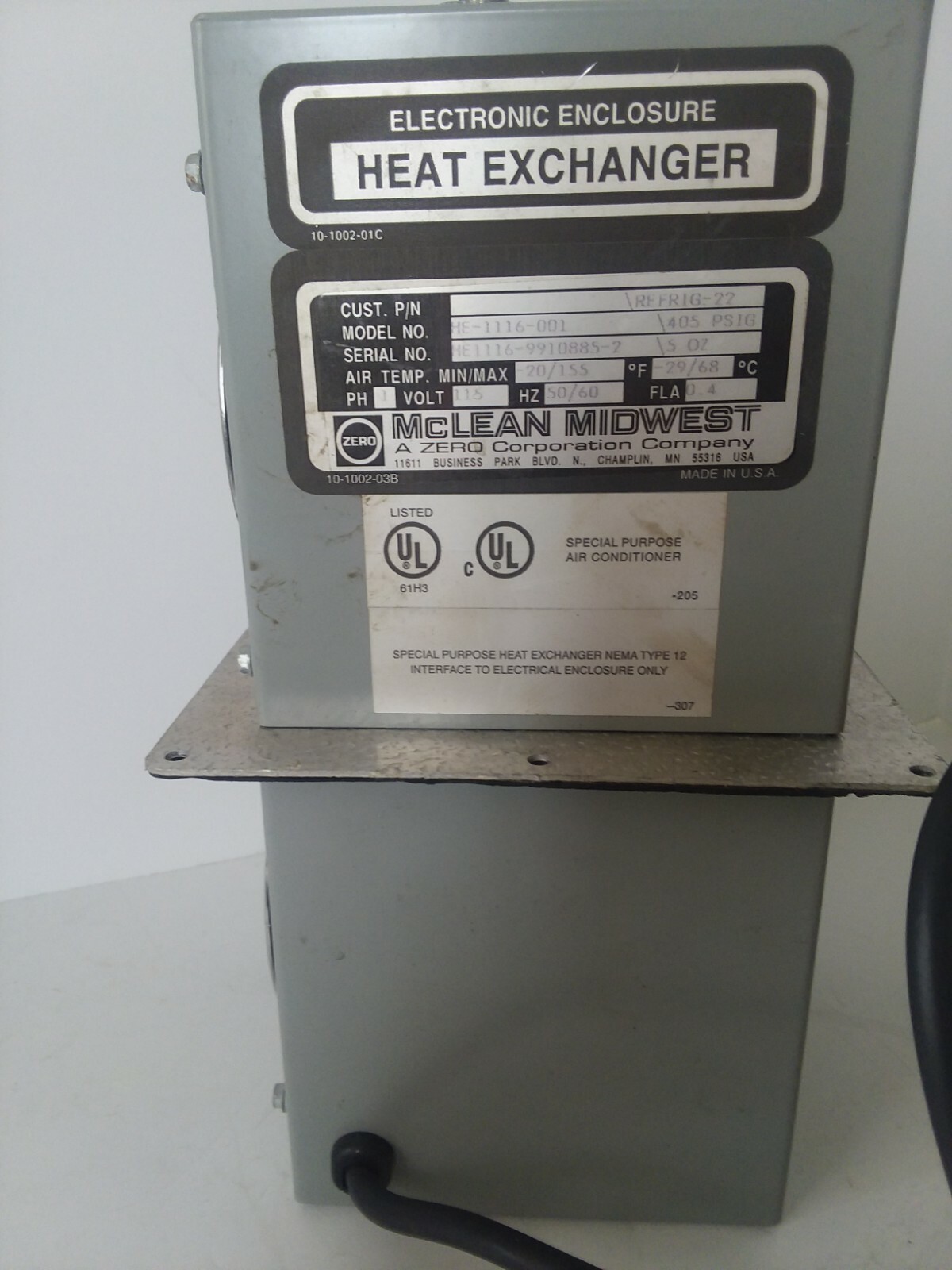 MCLEAN-MIDWEST ELECTRONIC ENCLOSURE HEAT EXCHANGER MODEL # HE-1116-001 |  eBay