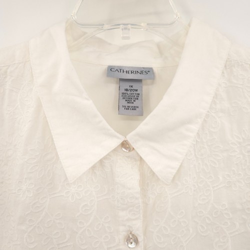 Catherines NWT embroidered button down top Plus Size 1X white roll-tab sleeves - Picture 6 of 12