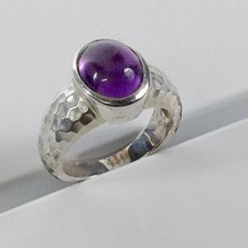 Amethyst Cabochon Ring Hammered Band 925 Sterling Silver size 5 VGC