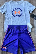 NWT Under Armour Little Boys 7 Navy/Gray/Neon Orange BASEBALL Shorts Set