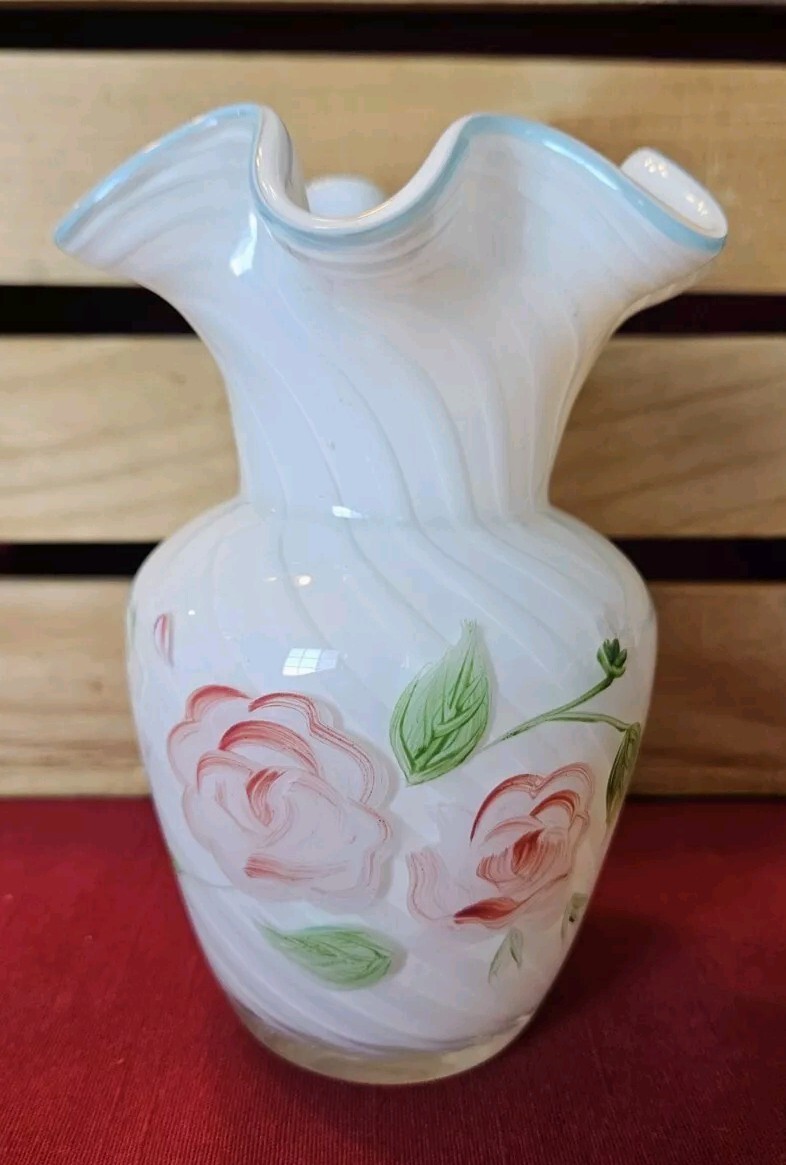Fenton For Teleflora Ruffle Top Hand Painted Floral Rose Hand Blown Vase