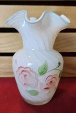 Fenton For Teleflora Ruffle Top Hand Painted Floral Rose Hand Blown Vase