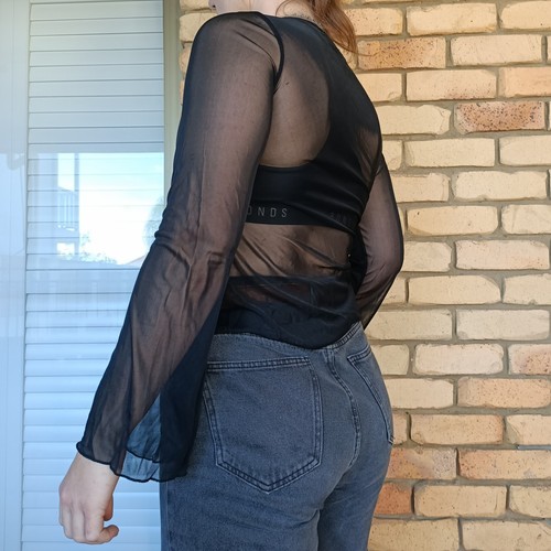 Vintage Y2K 2000s Mesh Pleated Blouse Size 12 Black Sheer Fairy Goth Witchy - Picture 5 of 8