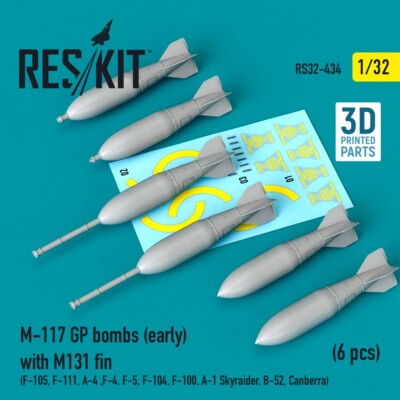 M-117 GP bombs (early) with M131 fin (6 pcs) (3D Printing) 1/32 ResKit RS32-0434