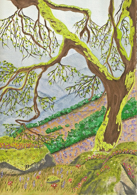 Original Watercolor Painting (15.75 x 18.50) Art Oak Tree Mountains Flowers Moss