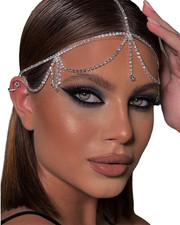 STONEFANS Layered Rhinestone Head Chain - Crystal Headpiece Boho Silver Hair Acc