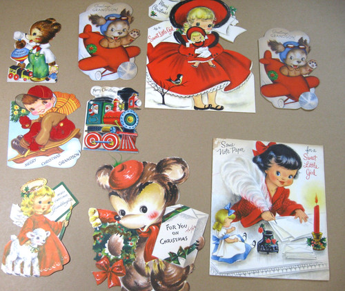 9 VINTAGE 1940 1950'S CHILDRENS GREETING BOY GIRL CARDS used MERRY CHRISTMAS