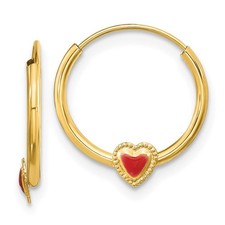 14k Yellow Gold Polished Red Enameled Heart Hoop Earrings L 12.6mm, W 11.8mm