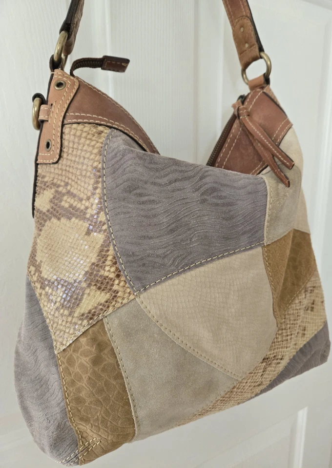 Bolso Hobo Slouchy de Gamuza Fossil Cuero Patchwork Extra Grande Marrón Gris Foto 2 de 4