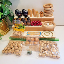 Vintage 1970  s Lot 106 Macram  Wood Beads  Rings, Natural, Stained, Red  NOS