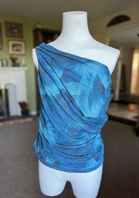 PRETTYGARDEN Women XL Blue Green Floral Mesh Off Shoulder Ruched Y2K Top NEW