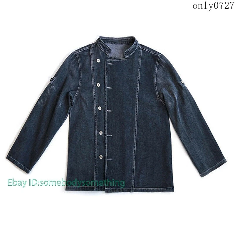 Mens Women Denim Chef Jacket Long Sleeve Cook Coat Kitchen Unisex Uniform 2025 - Image 2 of 4