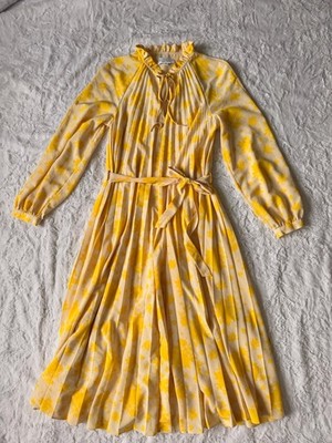 & Other Stories Yellow Floral Chiffon Pleated Tie Neck Belted Midi Dress US 4