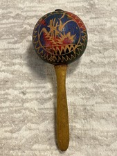 Vintage 1950s Cuban Hand Carved  Painted Gourd  Wooden Maraca Painted -- 7972