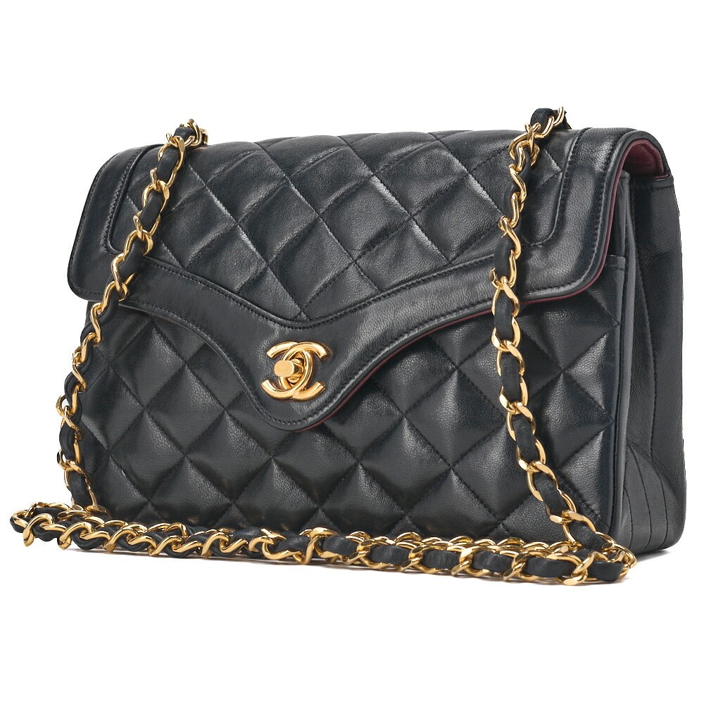 CHANEL Navy Lambskin Mini Matelasse Turn Lock Flap Bag with Chain Shoulder Strap