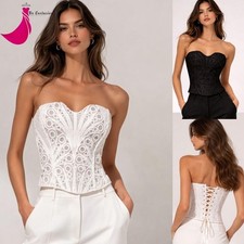 Women Sexy Overbust Boned Corset Burlesque Basque Top Lace-Up Bustier Costume UK