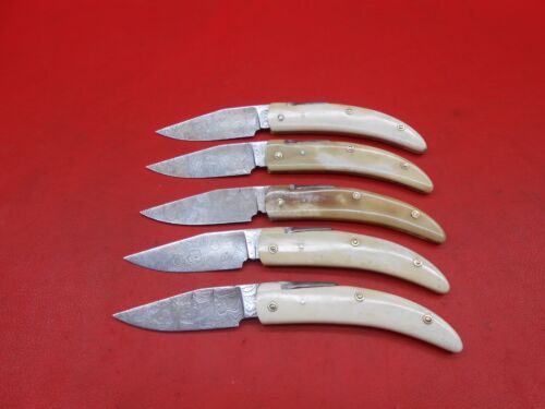 Custom Handmade Pattern Damascus Pocket knife With Leather Sheath 5Pcs - Picture 1 of 9