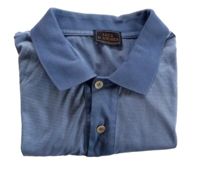 Luca D' Andrea Men EU Large Short Sleeve Buttons Stretch Checked Blue Polo Italy