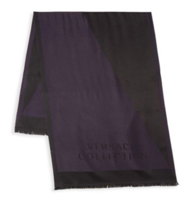 Versace Collection Wool Blend Colorblock  Black Blue Scarf 24''W x 86''L 
