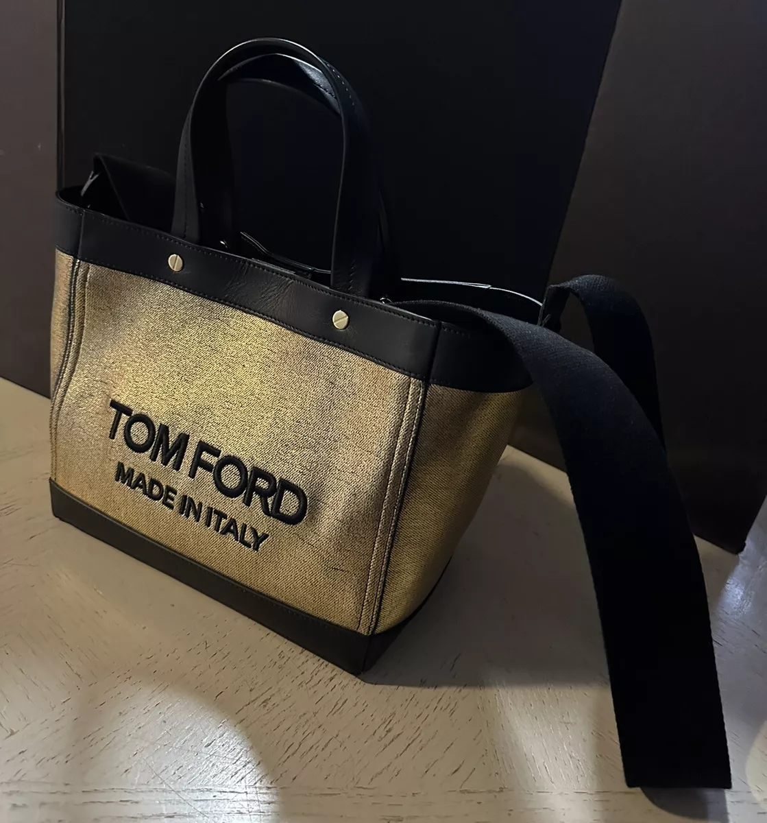 Tom Ford Mini Shopping Bag In Canvas And Leather in White