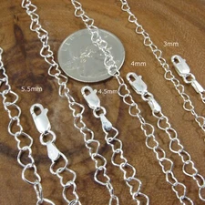 Solid 925 Sterling Silver Heart Link Chain Women's Necklace, Anklet, or Bracelet
