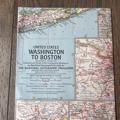 Vintage 1962 WASHINGTON to BOSTON Map, National Geographic Magazine