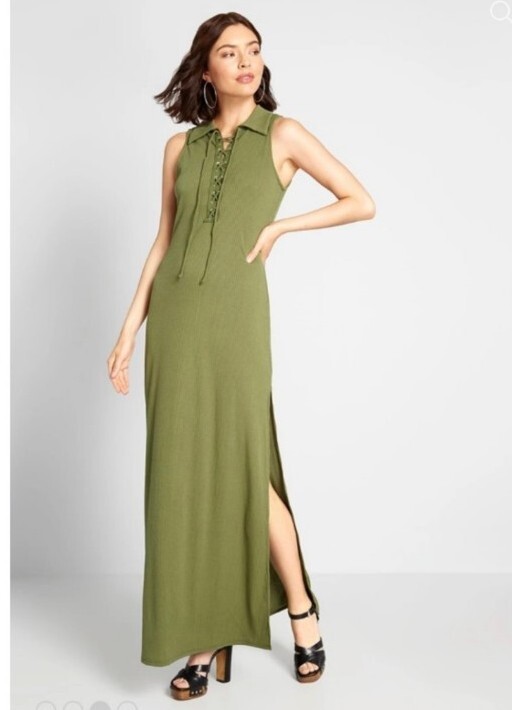 Modcloth Casual Sensation Green Ribbed Sleeveless Lace Front Maxi Dress Size S