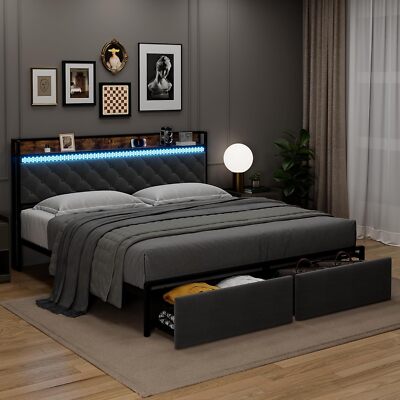 Full Queen Size Bed Frame LED Upholstered Headboard 2 Storage Drawers Platform