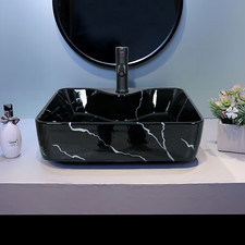 ELECWISH Bathroom Ceramic Vessel Sink Vanity Basin Bowl Black Faucet Drain Combo