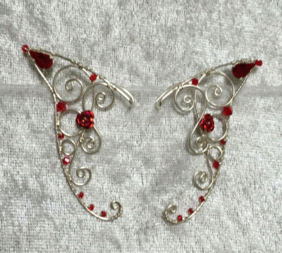 Wire Elf Ears with Red Rose and Crystals