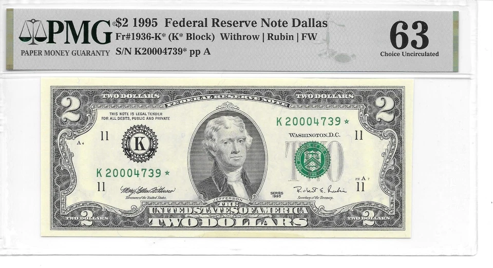 1995* $2 FRN DALLAS MILLENNIUM STAR PMG 63 CHOICE UNCIRCULATED "THINNING" - Image 3 of 4