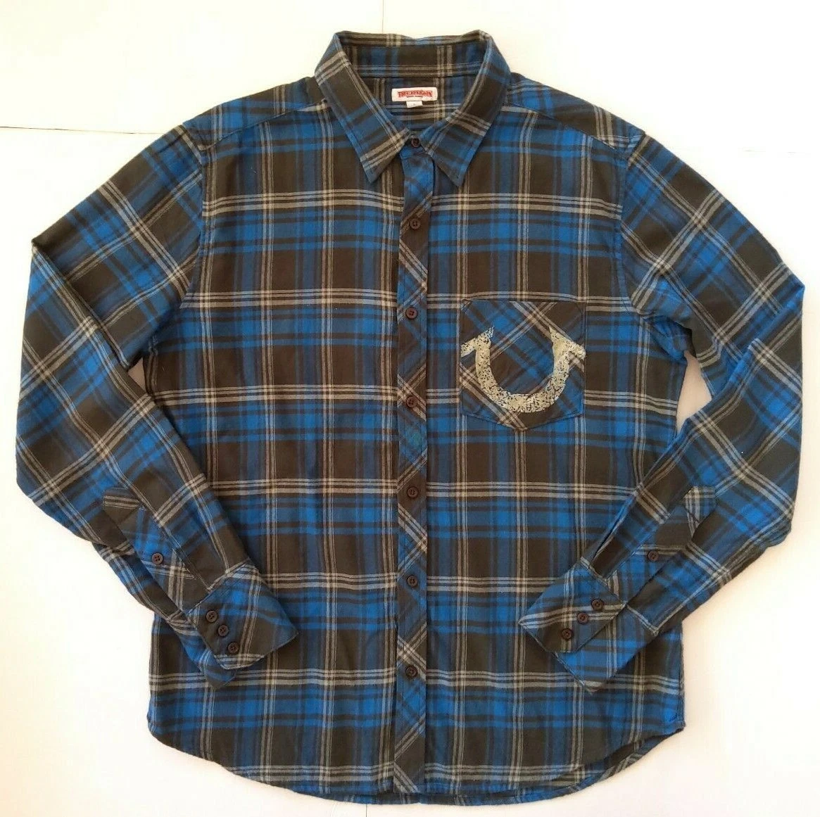 TRUE RELIGION Men s Large Blue Plaid Flannel Shirt Button Up Logo Spell Out