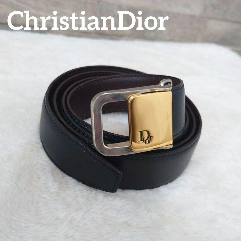 Ceinture Christian Dior cuir noir et marron logo boucle made in France E234