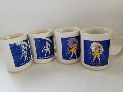 Morton Salt ''When It Rains It Pours'' Coffee/Tea Mugs Set of 4 Made in Japan