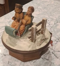 Thoren's Anri  Swiss Music Box "Lara's Theme" Boy & Girl on Snow Sled Working 